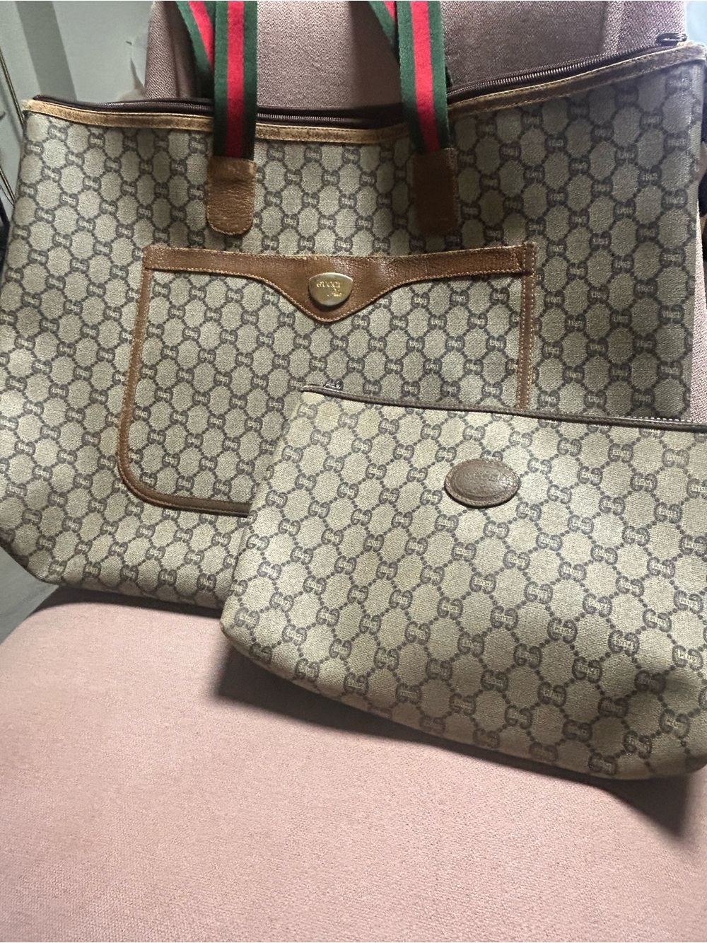 Gucci Beige GG Monogram Tote Plus  Pouch and Green-Red Straps